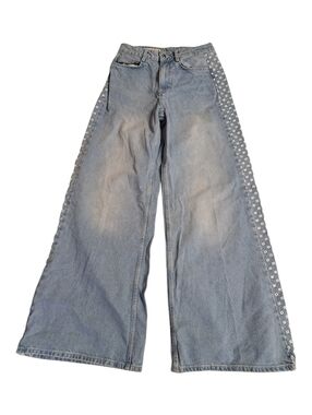 ​Zara Wide Leg Jeans with Eyelet Embroidery Side Stripe – Light Wash